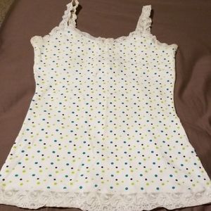 White tank with lace straps, colored polka dots